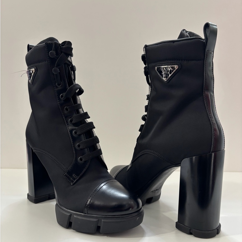 Prada Women's Black Heeled Lace-Up Boots